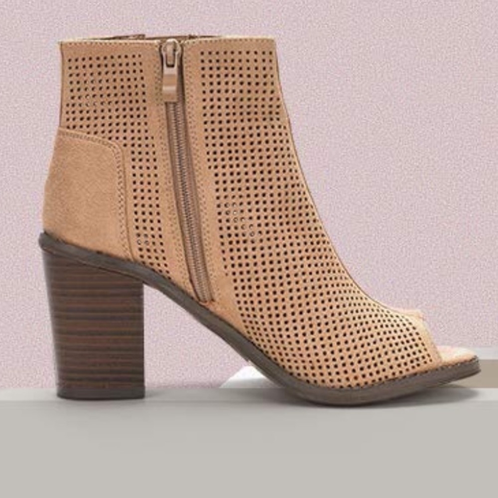 Peep toe side zip booties